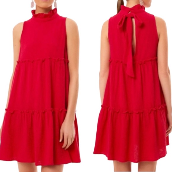 Tuckernuck Dresses & Skirts - Tuckernuck Pomander Place Morgan Red Gauze Tie Neck Bow Detail Tiered Dress - M